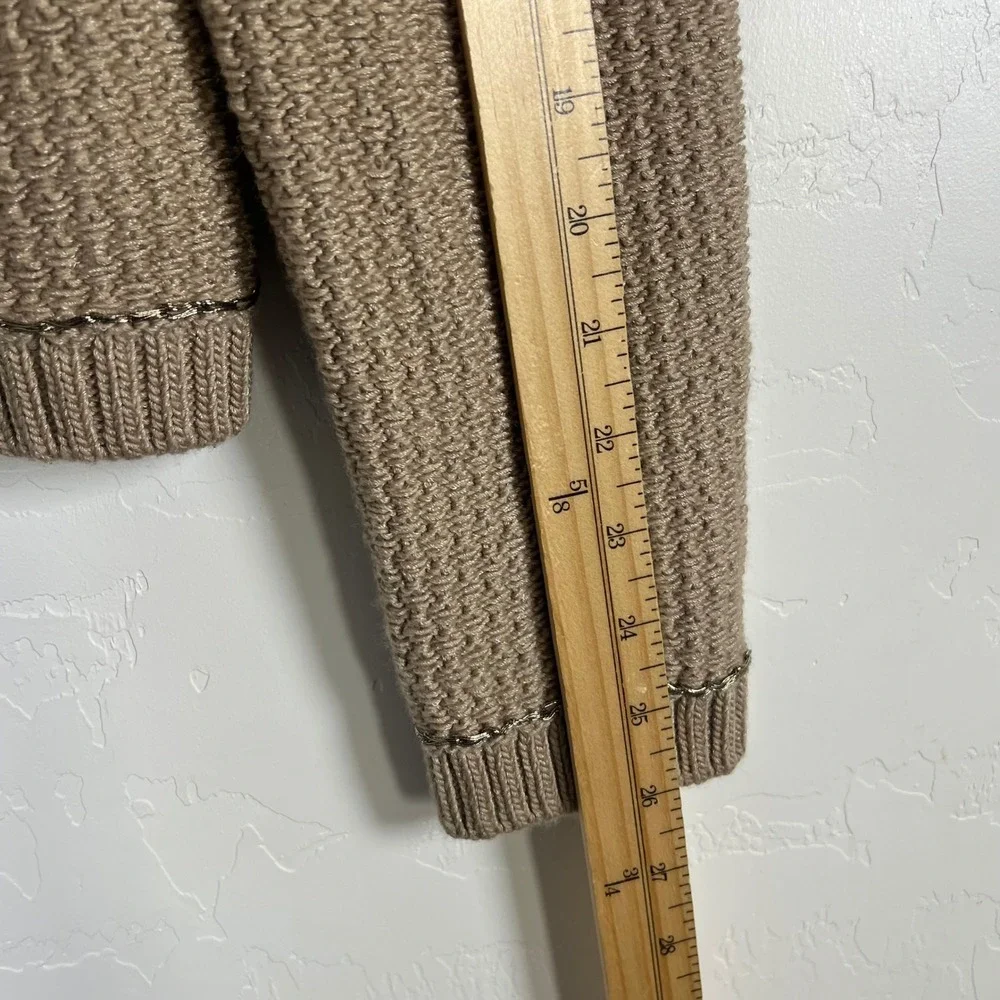 St John Couture Tan Knit Zip Jacket Metallic Trim Silver Buttons Size 16 USA